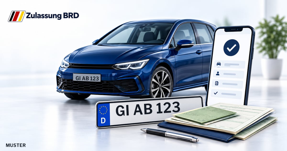 Online Fahrzeugzulassung in Buseck: Musterkennzeichen GI AB 123, Auto und Fahrzeugpapiere und Smartphone. Illustration mit Logo von Zulassung BRD.